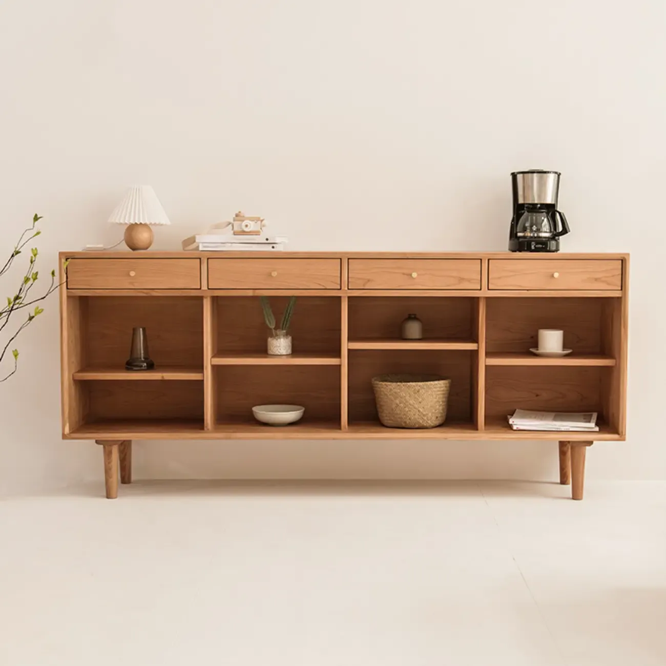 Scandinavian Natutal Wood Rattan Sideboard with Drawers