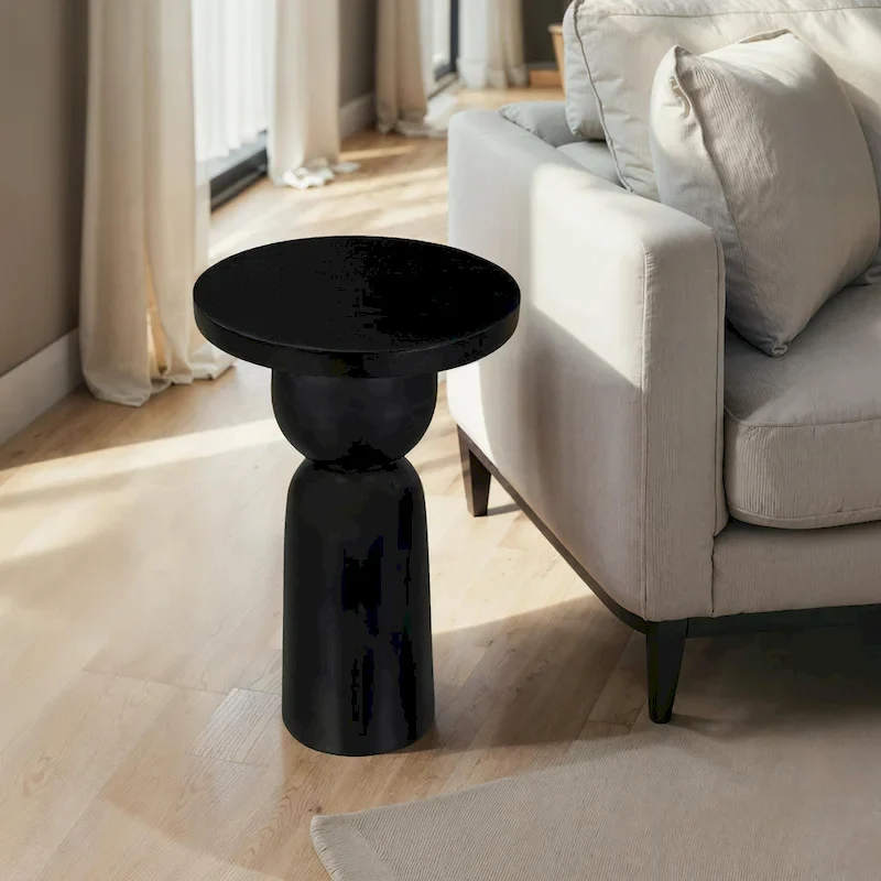 Tia 12 Inch Round Side End Table with Turned Pedestal Base, Mango Wood in Matte Black Finish