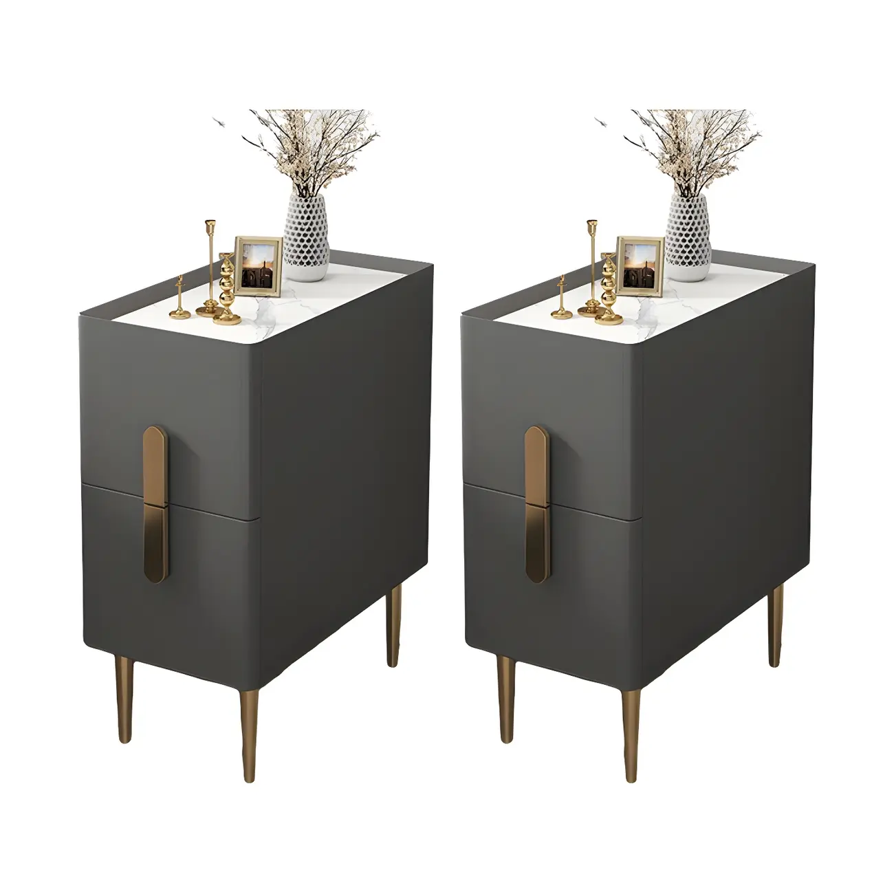 Modern Stone Countertop Faux Leather Nightstand with 2 Drawers