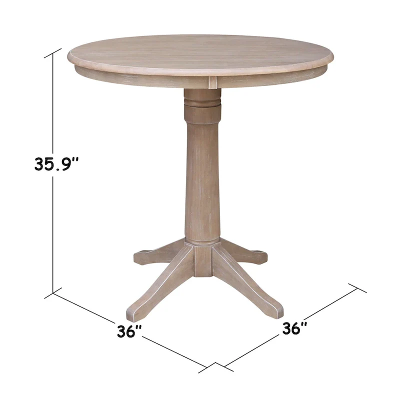 Round Top 36 x 36 Solid Wood Pedestal Table in Washed Gray Taupe
