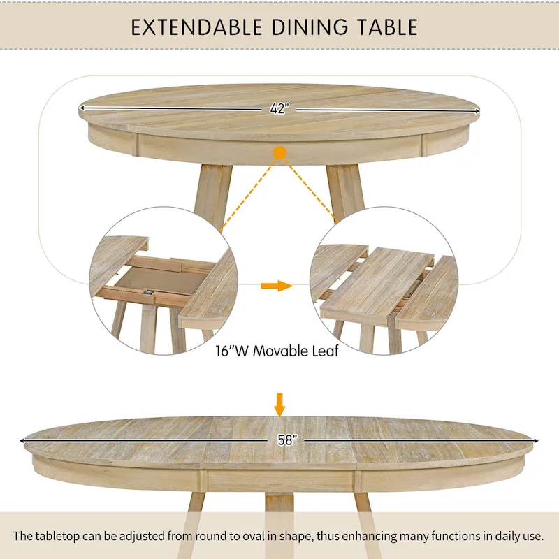 5 Piece Extendable Round Dining Table Set, Wooden Kitchen Furniture Set with Removable Leaf and 4 Upholstered Chairs