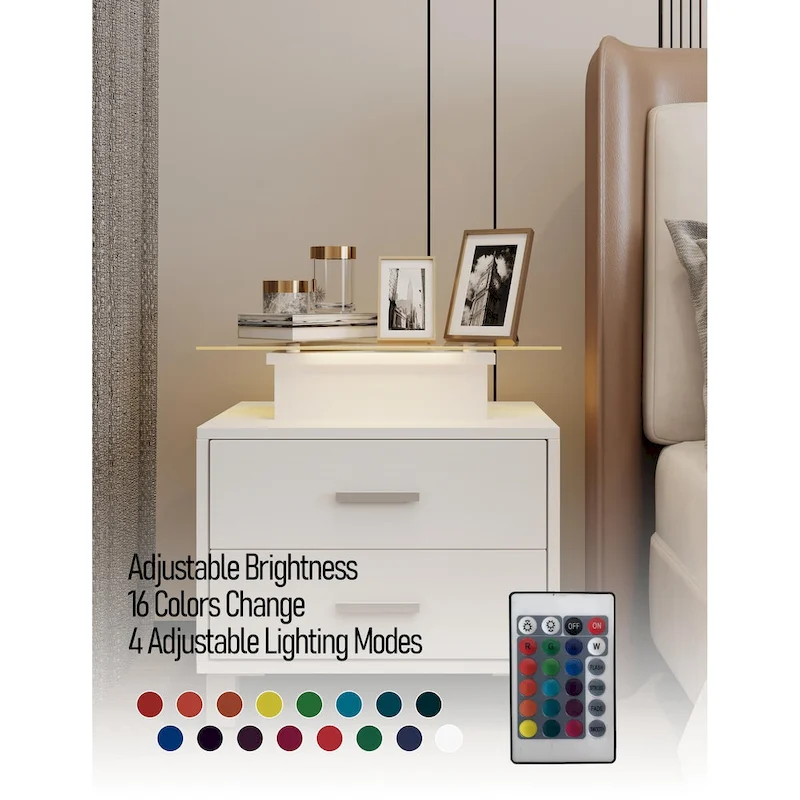 Modern Nightstand with Charging Station and LED Lights - 2 Drawers