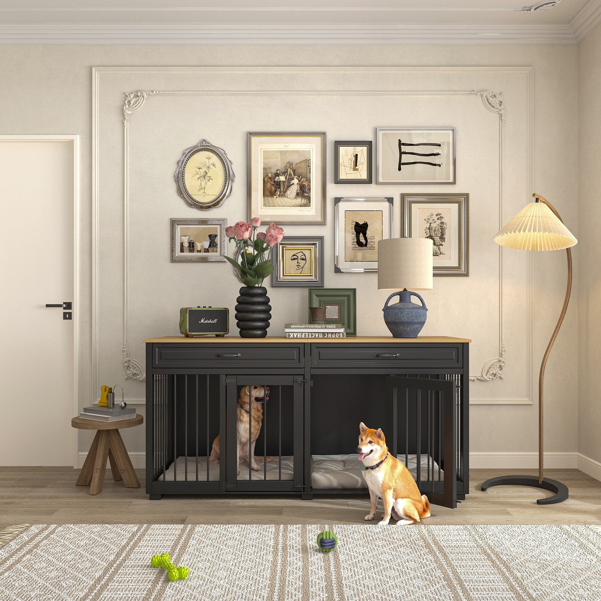 Furniture Style Dog Crate, 64.5 Inch Wooden Large Dog Kennel