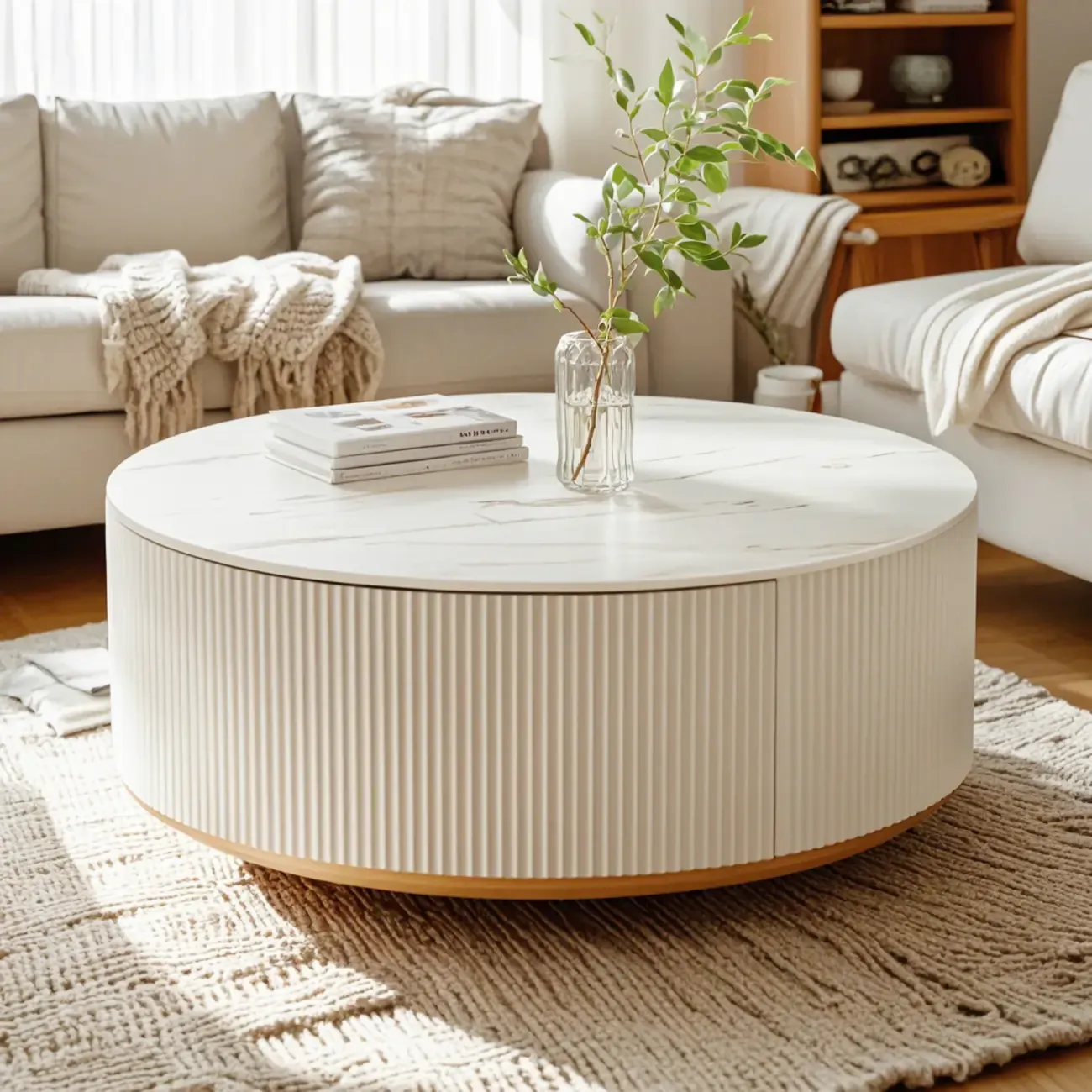 White Modern Round Drum Wood Drawer Coffee Table