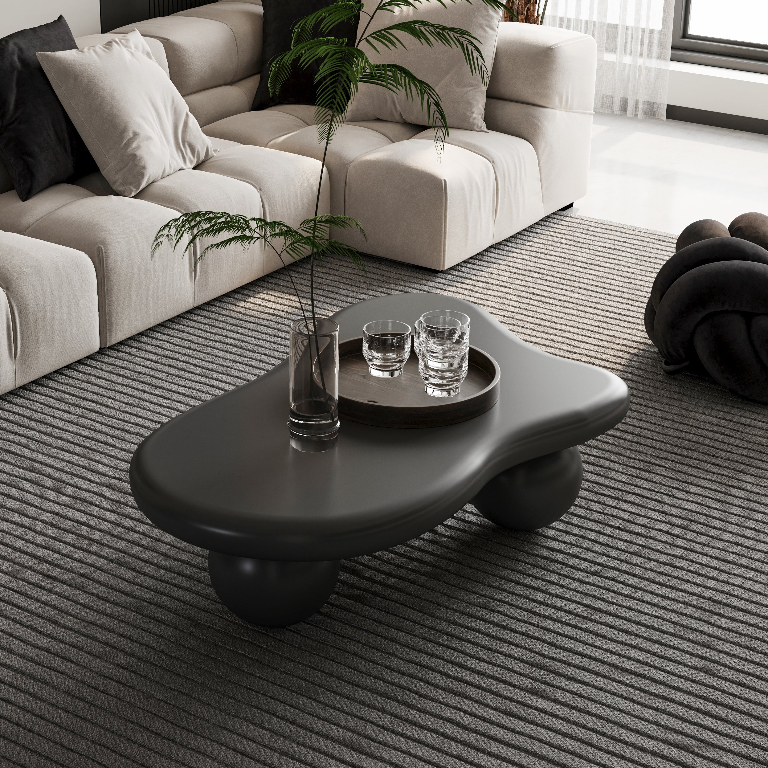 40 Inch Cloud Shaped Coffee Table with 3 Ball Legs for Living Room, Black