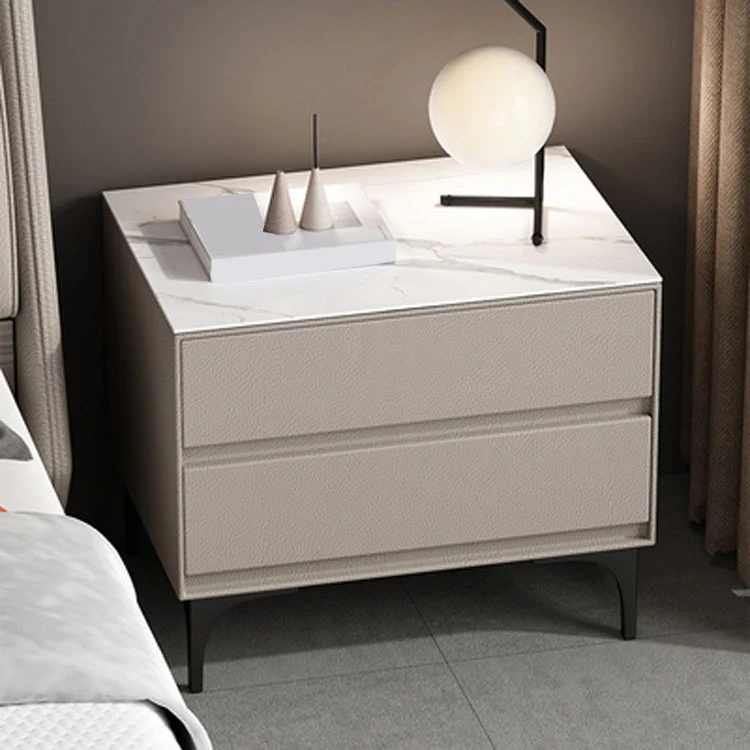 Modern Stone Top Faux Leather 2-Drawer Nightstand