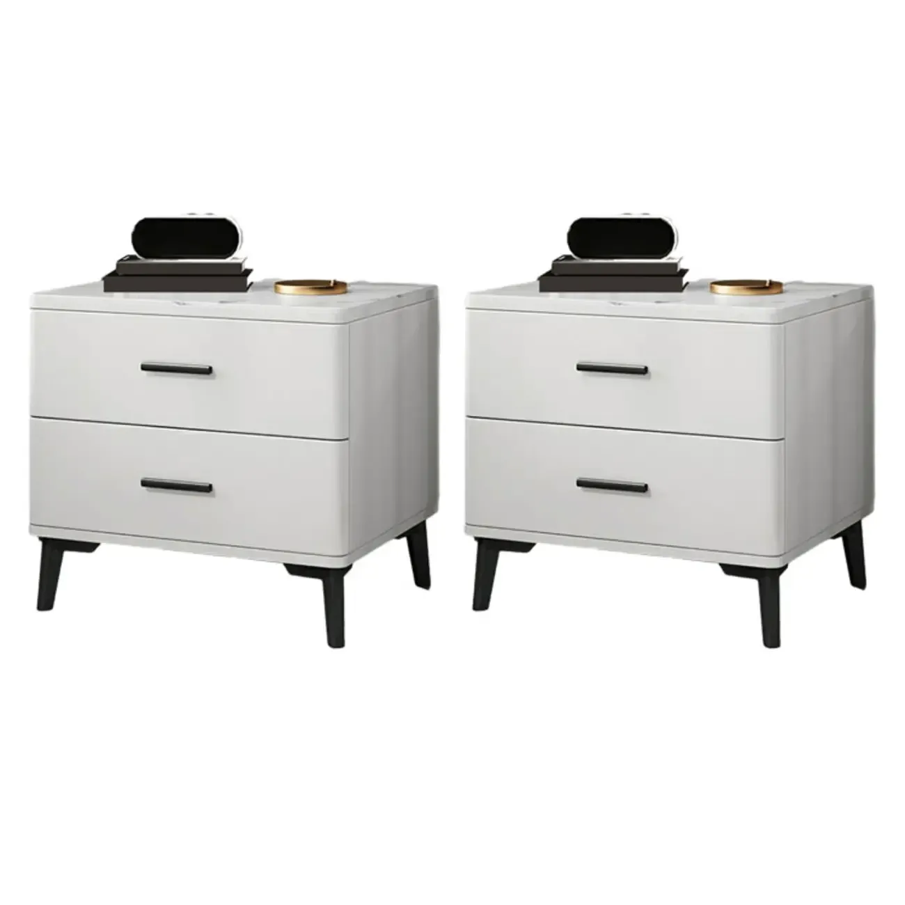 Modern White Stone Top Oak 2-Drawer Nightstand