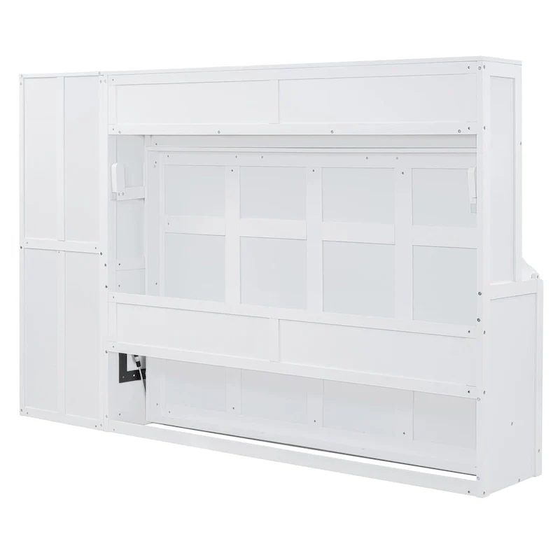 White Full Size Murphy Bed with Built-in Shelf and Drawers