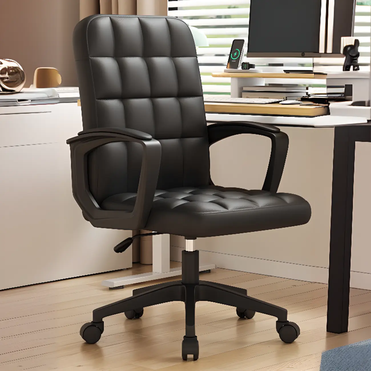 Modern Black Faux Leather Adjustable Swivel Office Chair
