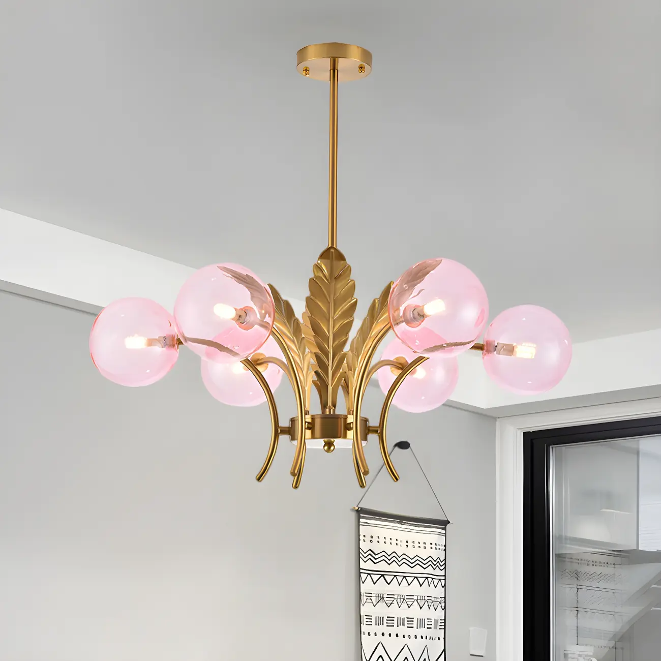 Luxury 6-light Gold Leaf Chandelier with Glass Globes