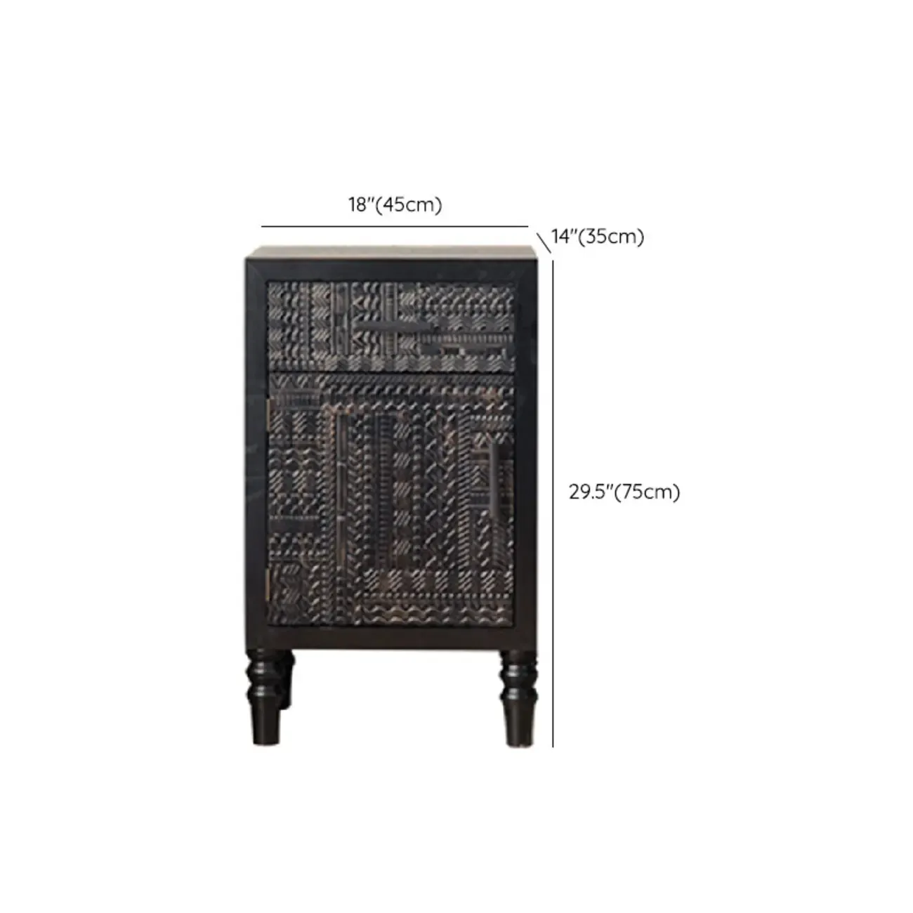 Mid-Century Rectangle Black Distressed Wood Carved Cabinet