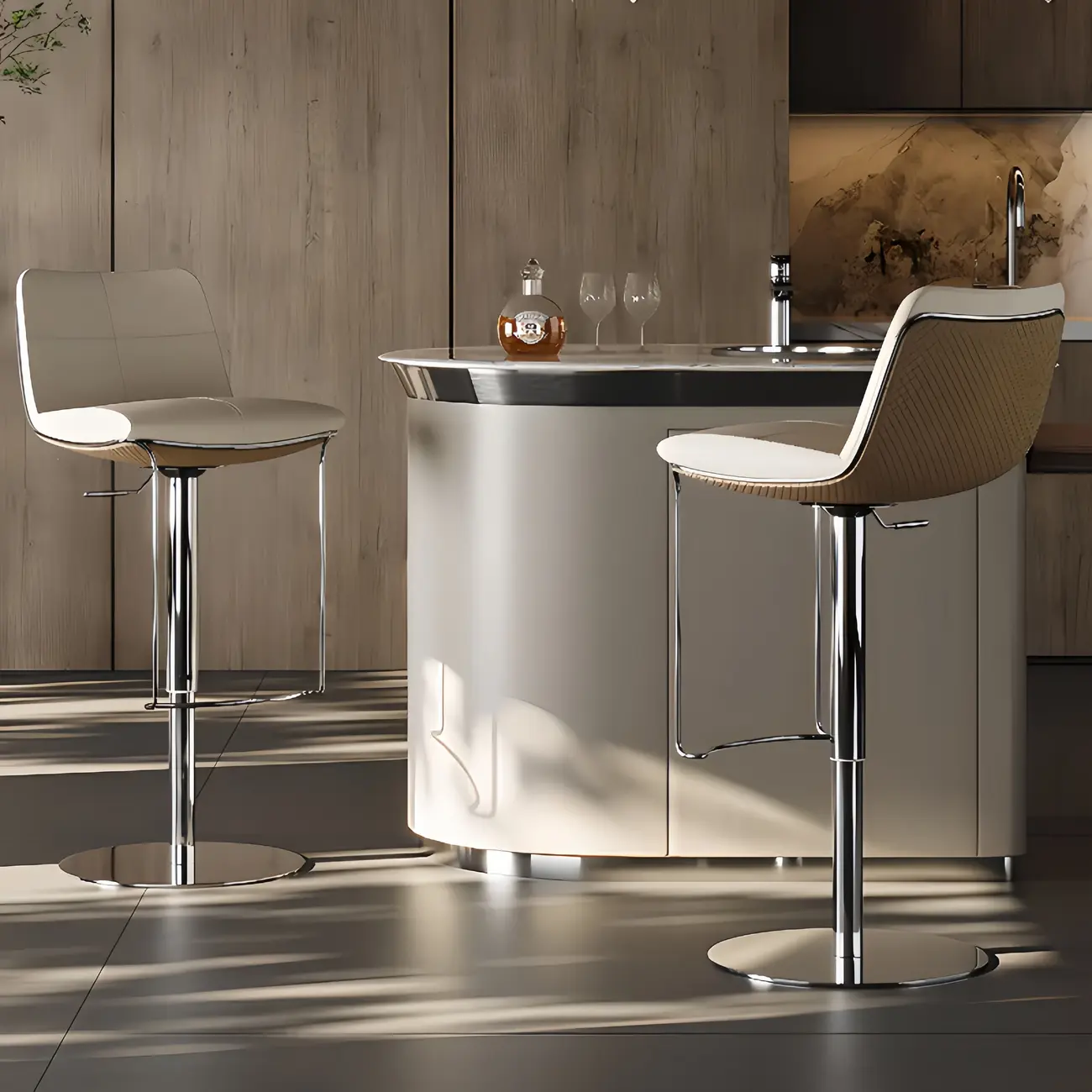 Modern White Leather Square Upholstered Swivel Bar Stools