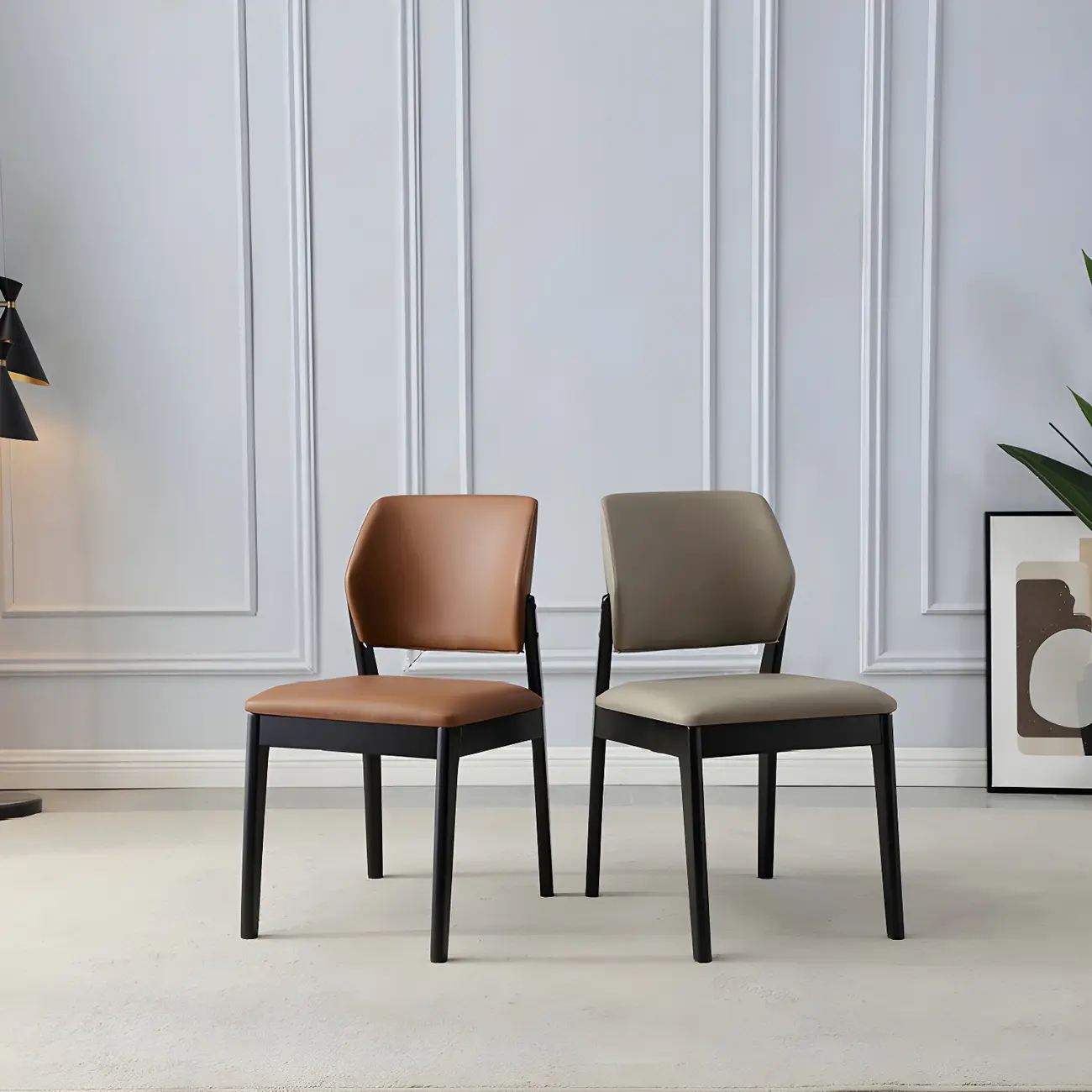 Modern Wood Faux Leather Beige Low Back Dining Chair