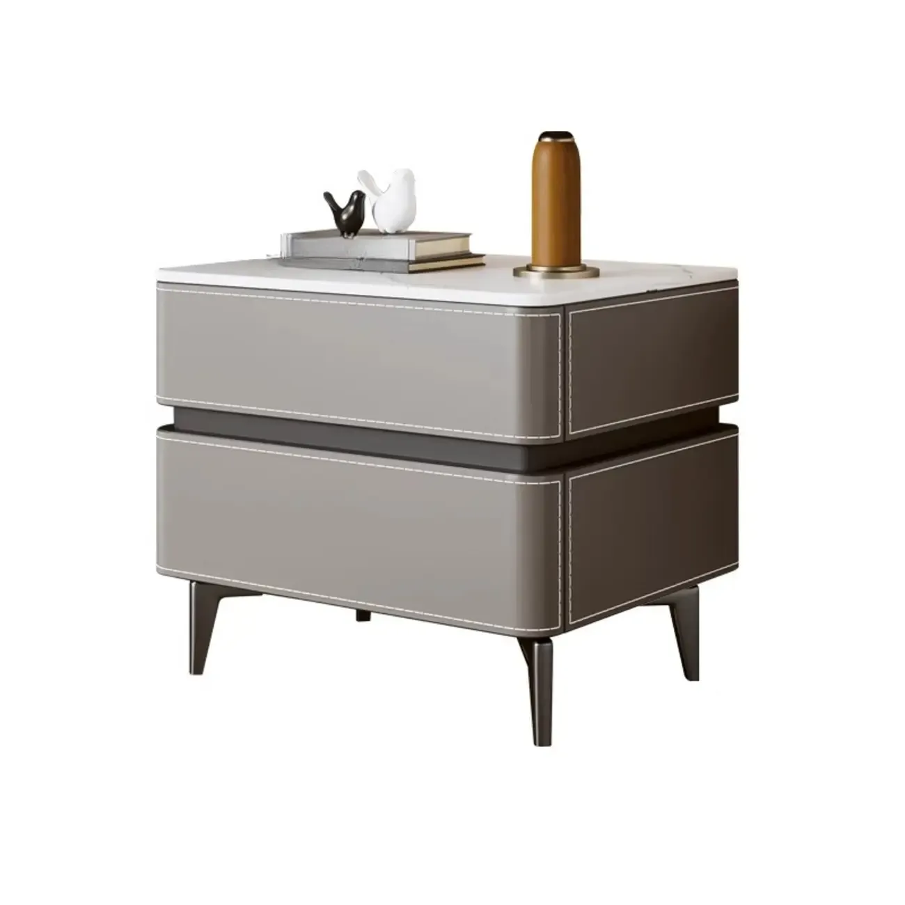 Modern Faux Leather Stone Top 2-Drawer Nightstand