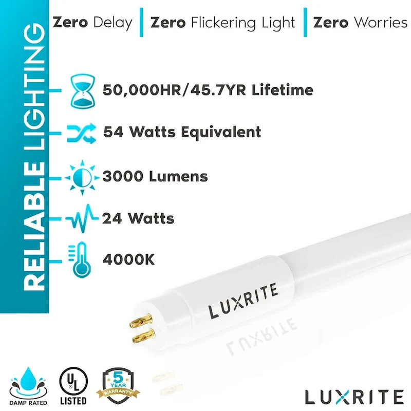 Luxrite 4FT T5 LED Tube Lights, 24W=54W, 45.78 , Ballast and Ballast Bypass Compatible, Damp Rated 12 Pack
