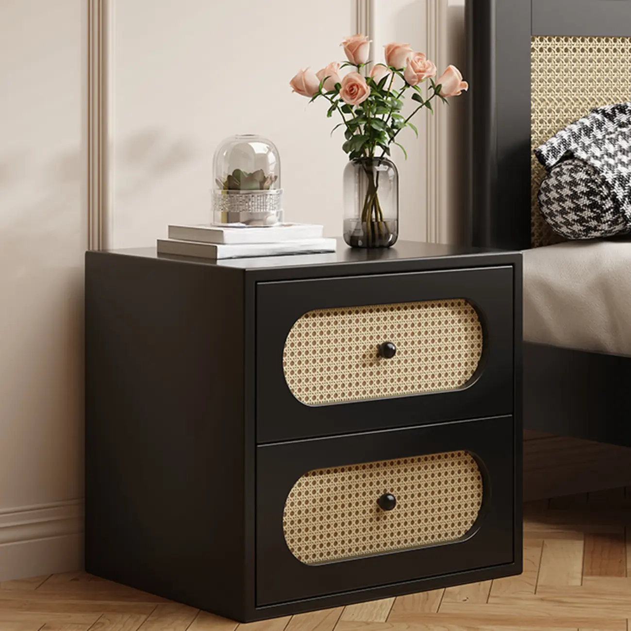 Functional White Wood Ratten 3-Drawer Narrow Nightstand