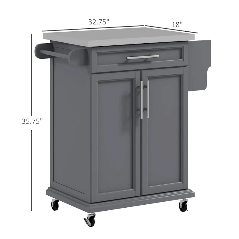 Kitchen Island on Wheels, Rolling Kitchen Cart with Stainless Steel Countertop, Drawer, Towel Rack and Spice Rack
