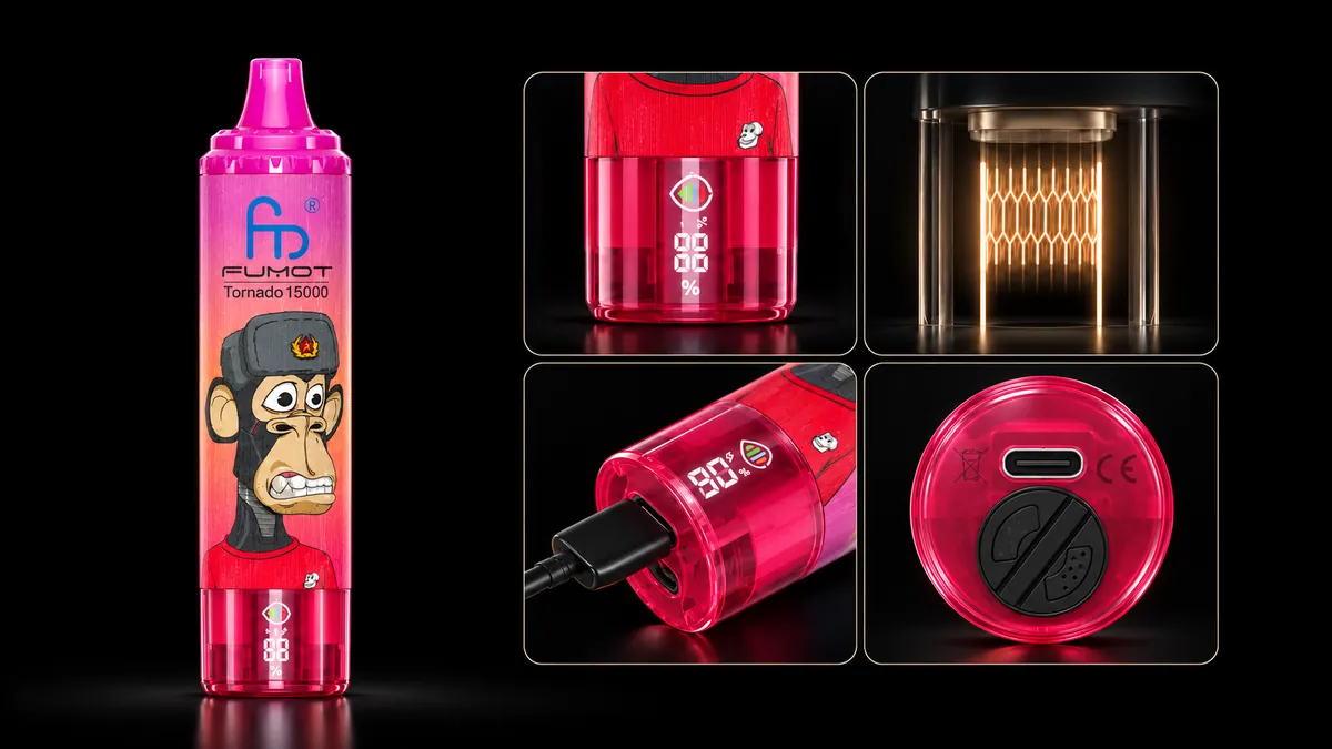 FUMOT Tornado 15000 Dragon Fruit – Detailansichten von Display, Heizsystem, USB-C-Anschluss und Luftregulierung