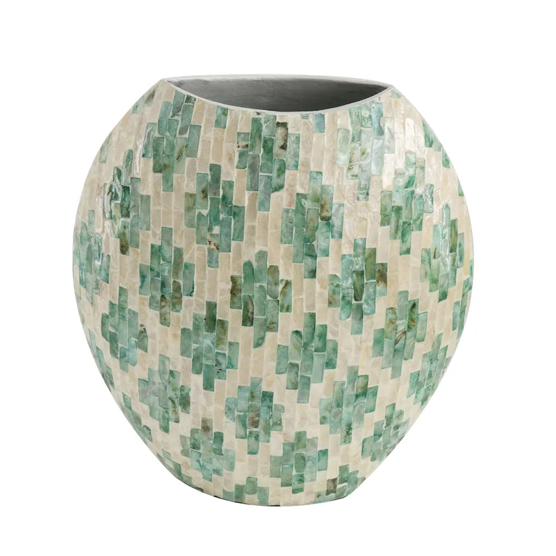 A&B Home Green and Tan Diamond Pattern Capiz Vase