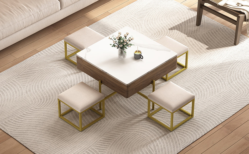 Walker Edison | Modern Square Lift-Top Coffee Table Set with 4 Ottomans