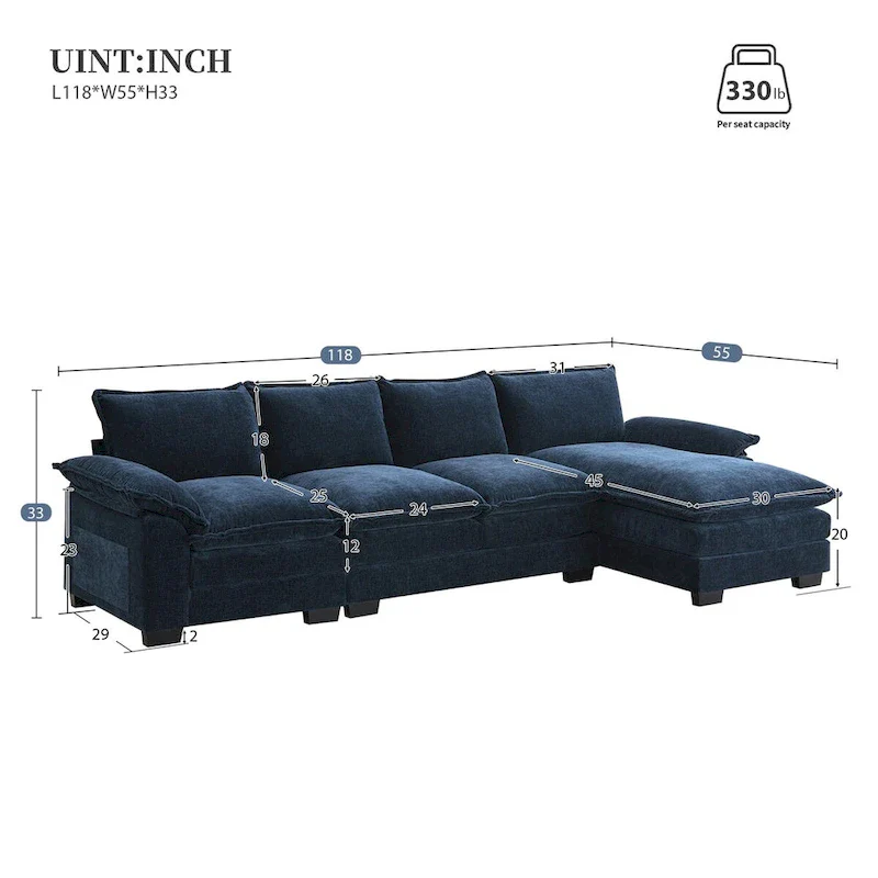 118*55 L-shaped Chenille Cloud Sofa with Double Seat Cushions, 5-seat Upholstered Sleeper Sofa Couch with Chaise Lounge