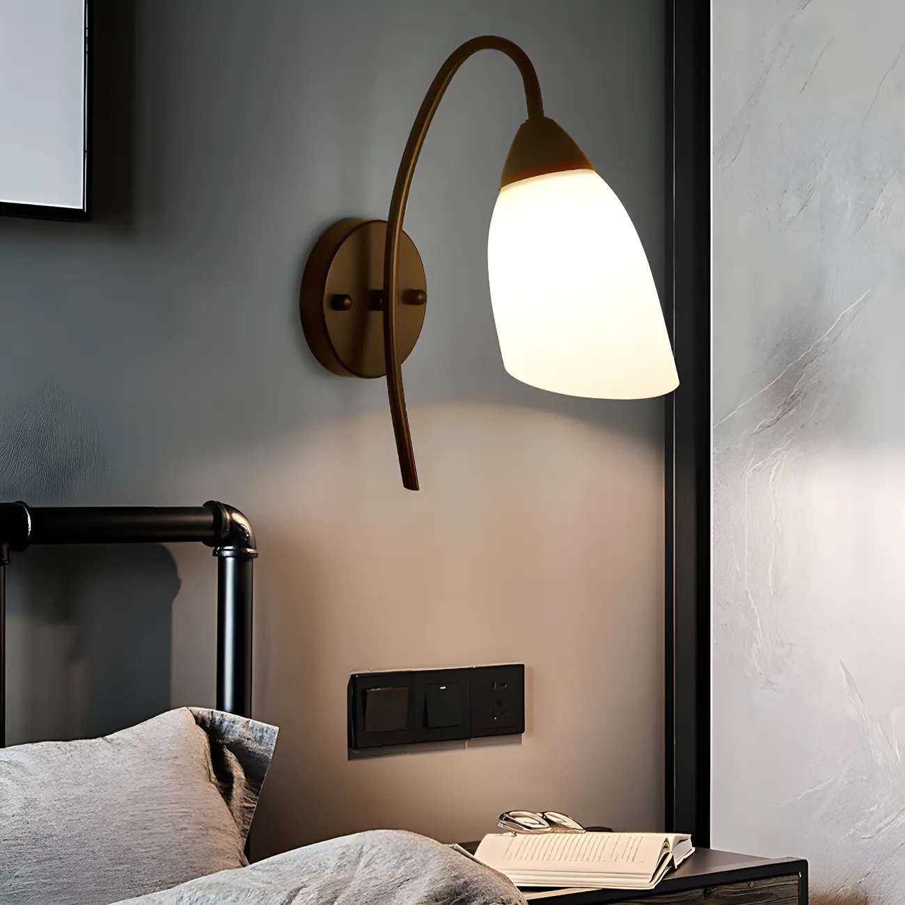 Modern Metal Black Arc Bathroom Vanity Light with Glass Shade