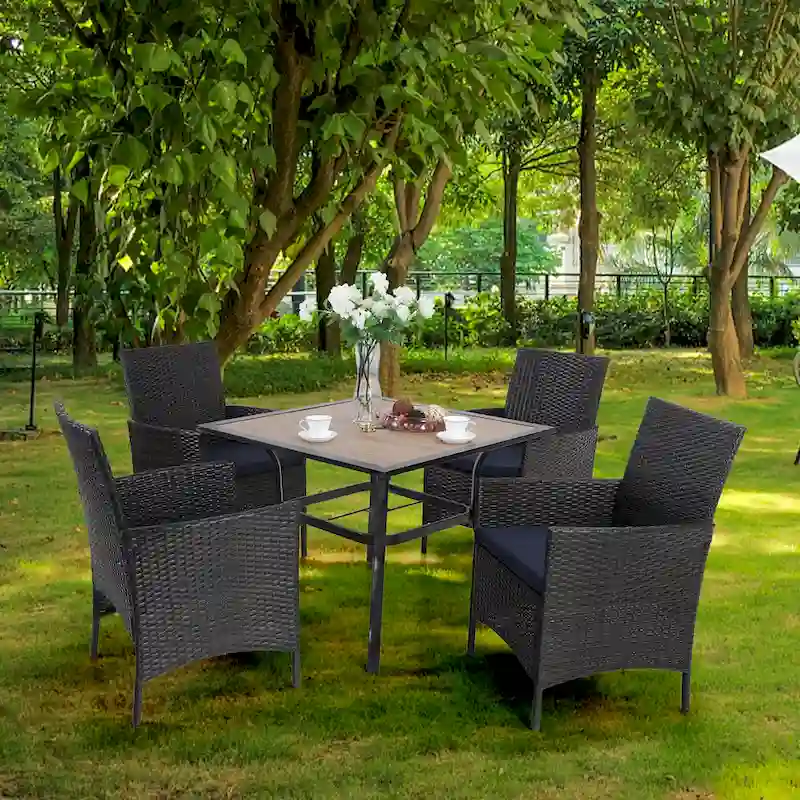 Patio 5-piece Dining Set, 1 Square 37  Metal Table with Umbrella Hole and 4 Rattan Chairs with Cushion
