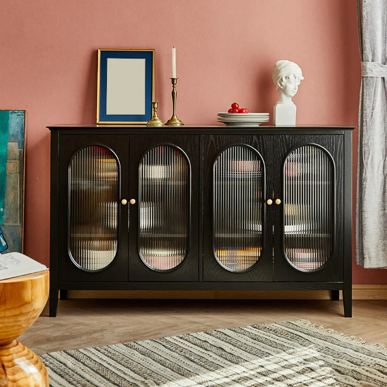 Scandinavian Oak Wooden Oval Fluted Glass Utility Cabinet