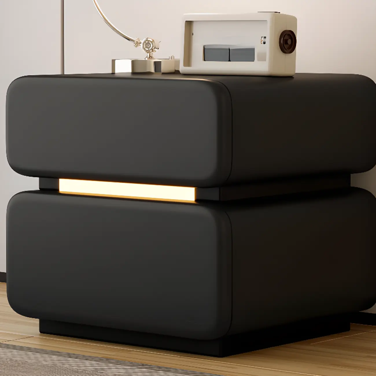 Modern Black Leather Top  2 Drawers Accent Nightstand