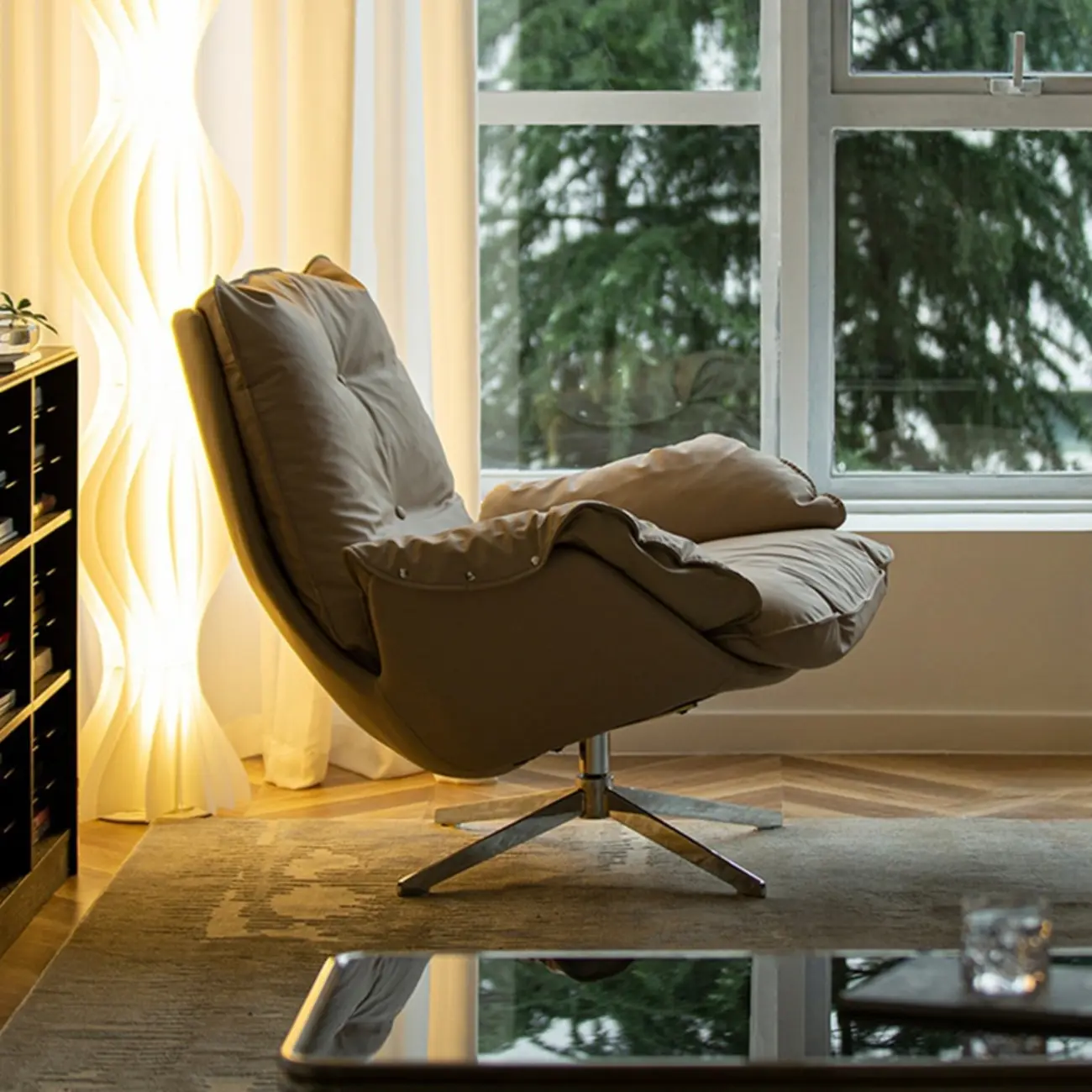 Modern Beige Leather Accent Armchair with Swivel