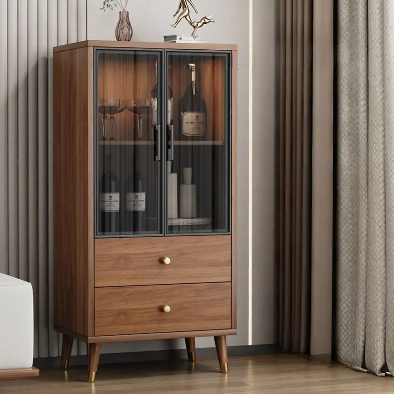 Unfixed Design Glass Doors Wine Cabinet with Shelf and Compartment