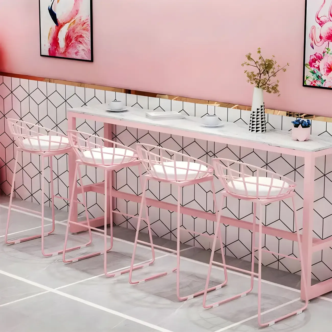 Glam Pink Rectangle Marble Long Bar Table