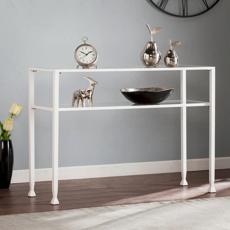 SEI Furniture Price Matte Gold Metal Console Table with Shelf and Tempered Glass