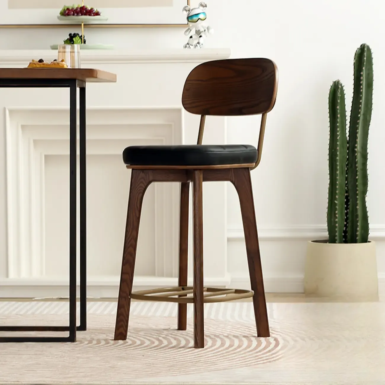 Wooden Square Leather Upholstered Bar Stool with Backrest