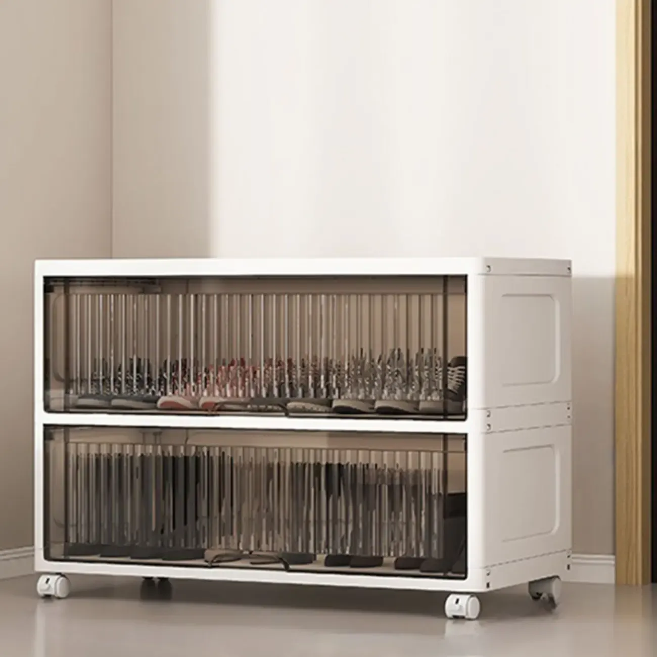 Hallway White Plastic Drop-Front Shoe Cabinet with Casters