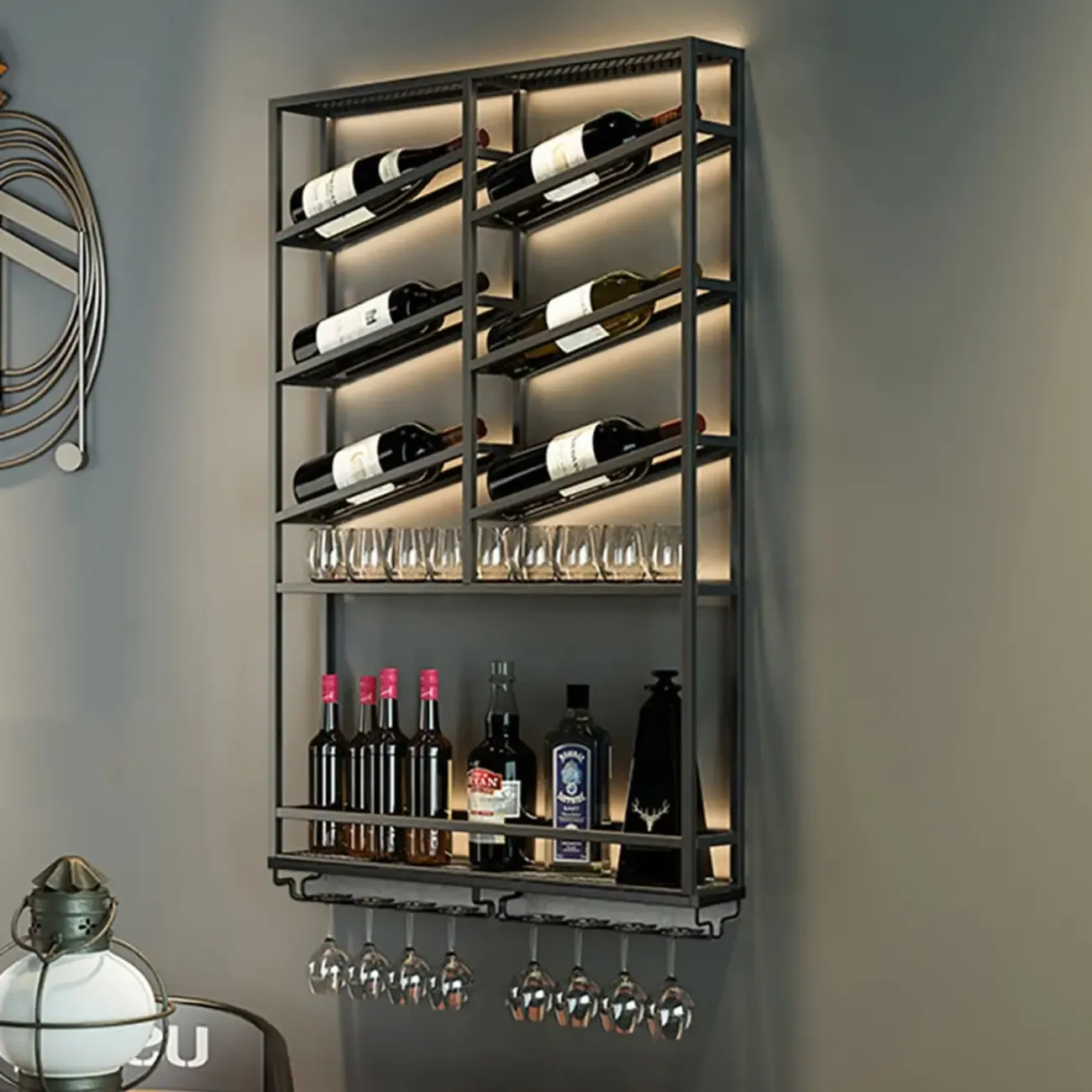 Industrial Wall Mounted Gold Metal Wine Rack with Bottle Rack