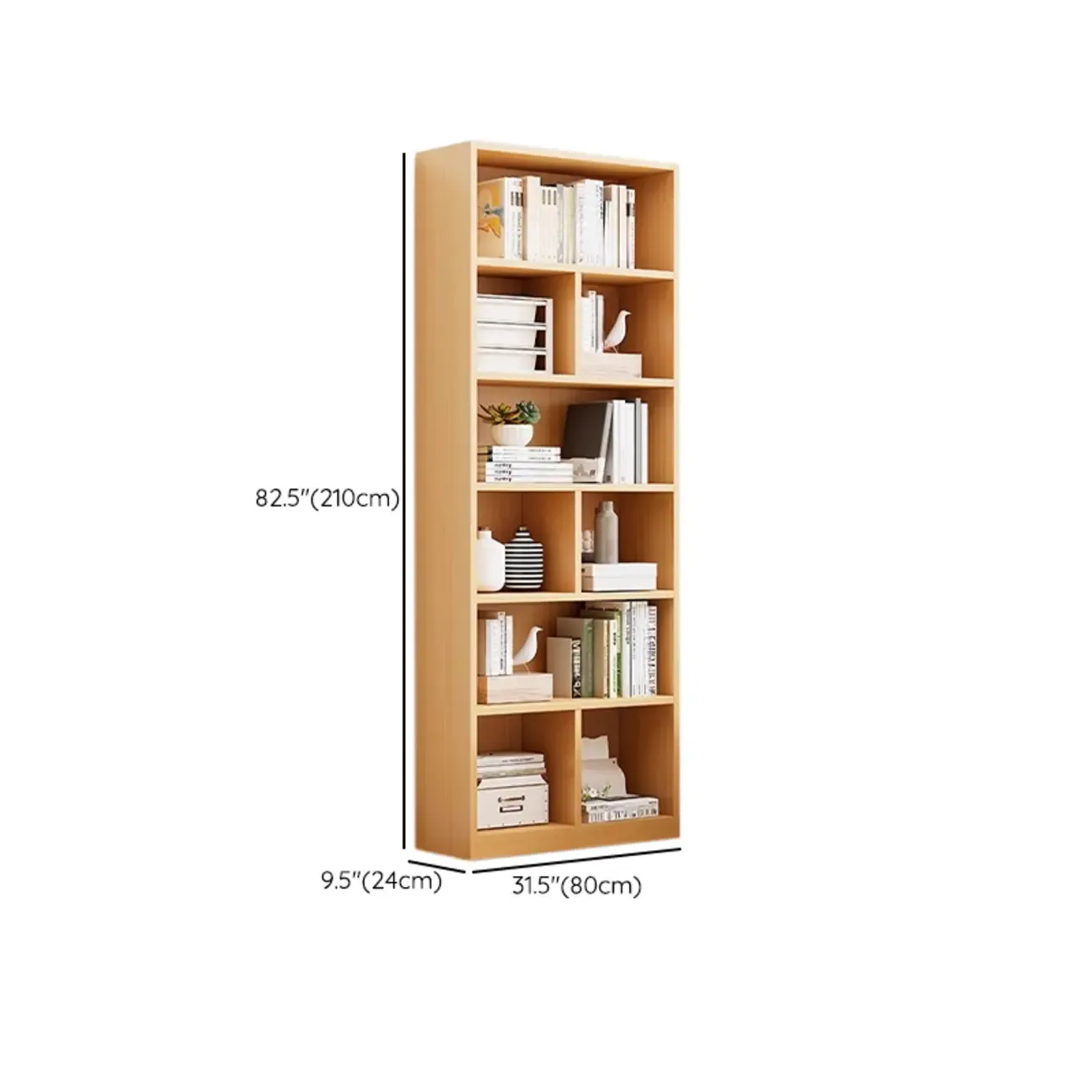 Natural Finish Narrow 6 Shelves Wooden Bookcase with Drawer