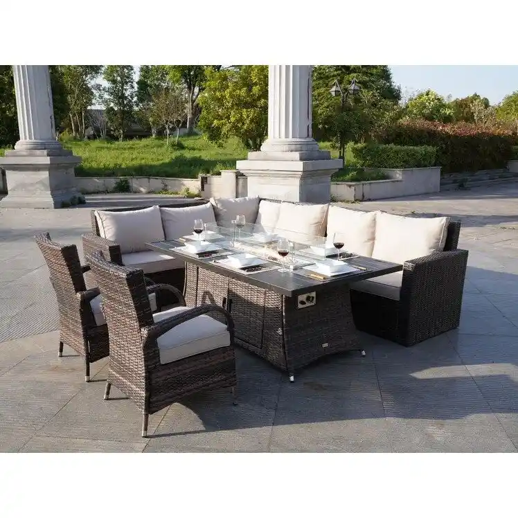 Patio Rattan Sofa Set with Alum Dining Table and Chairs