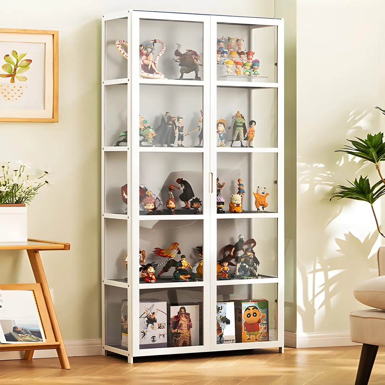 White Modern Bamboo Clear Figure Curio Cabinet