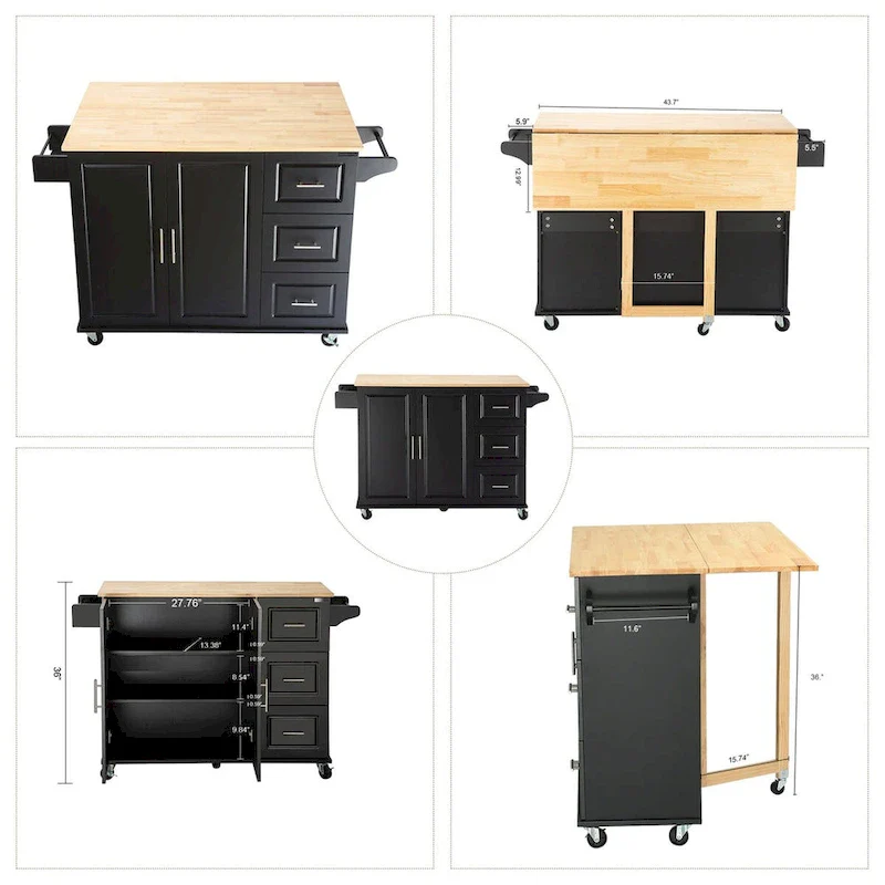 Mobile Kitchen Island & Kitchen Cart,With Extendable Rubber Wood Top and 3 Drawers - 53.93  (L) x 17  (W) x 36.22  (H