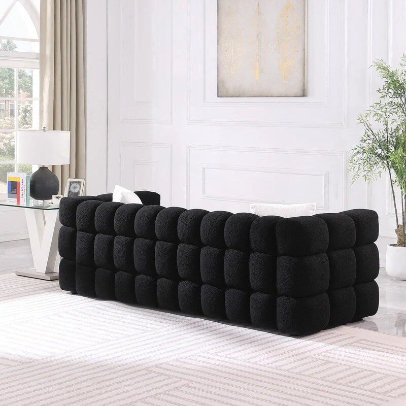 84.3 Luxurious Large Boucle Sofa 3 Seater Marshmallow Upholstered Sofa with 2pc Square Accent Pillows and Square Arm