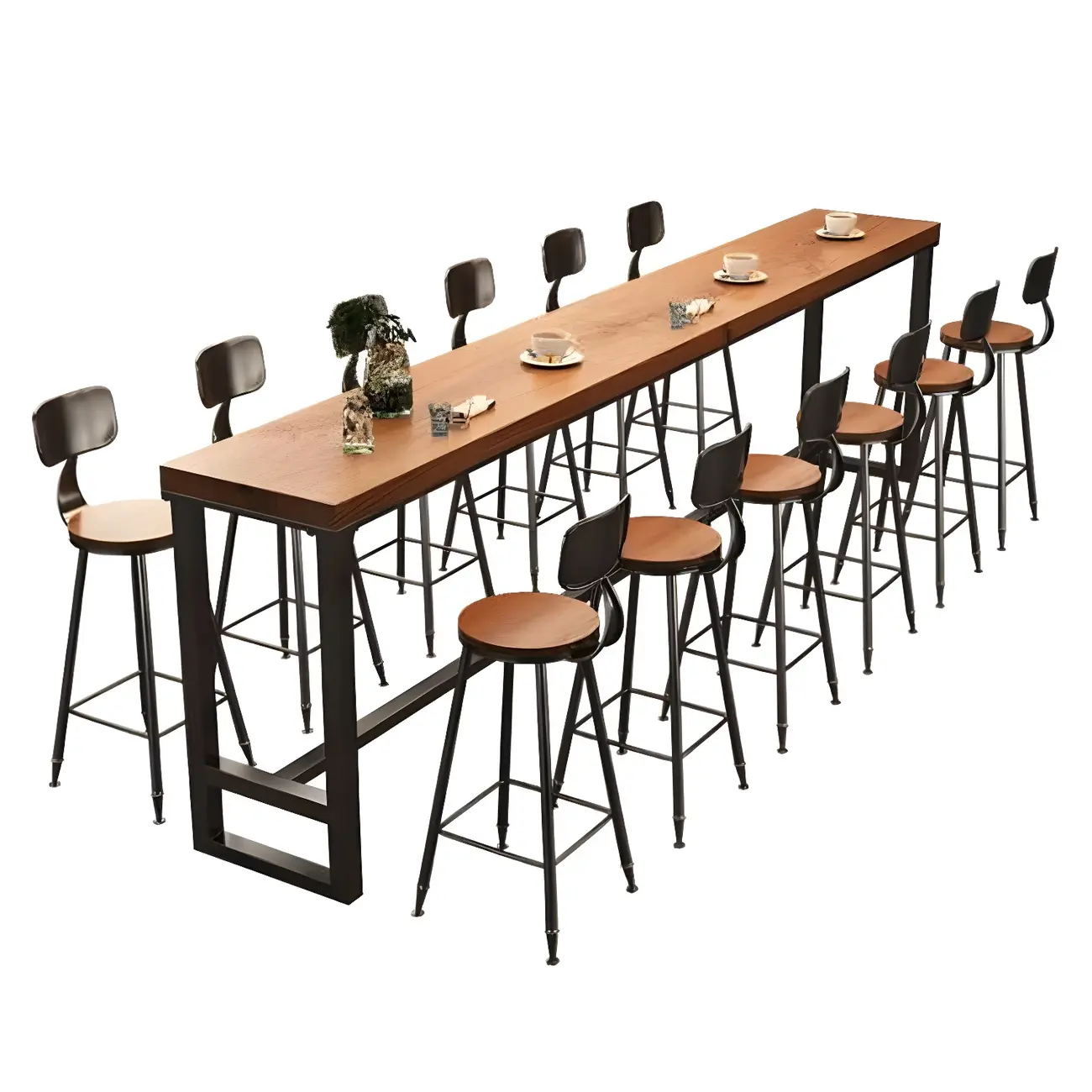 Industrial Brown Pine Wooden Metal Trestle Bar Tables