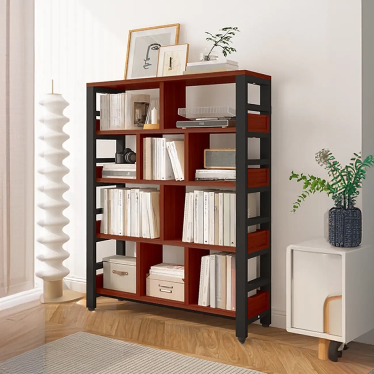 Vertical Walnut Wood Shelf Open Back Etagere Bookcase