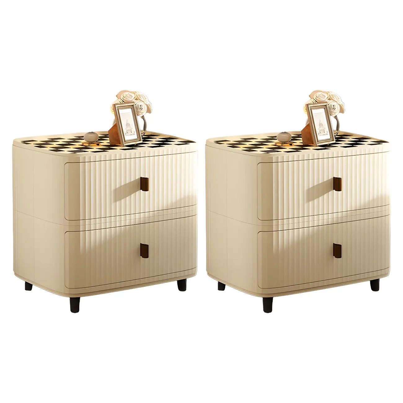 Modern Black And White Grid Top Nightstands with Drawers