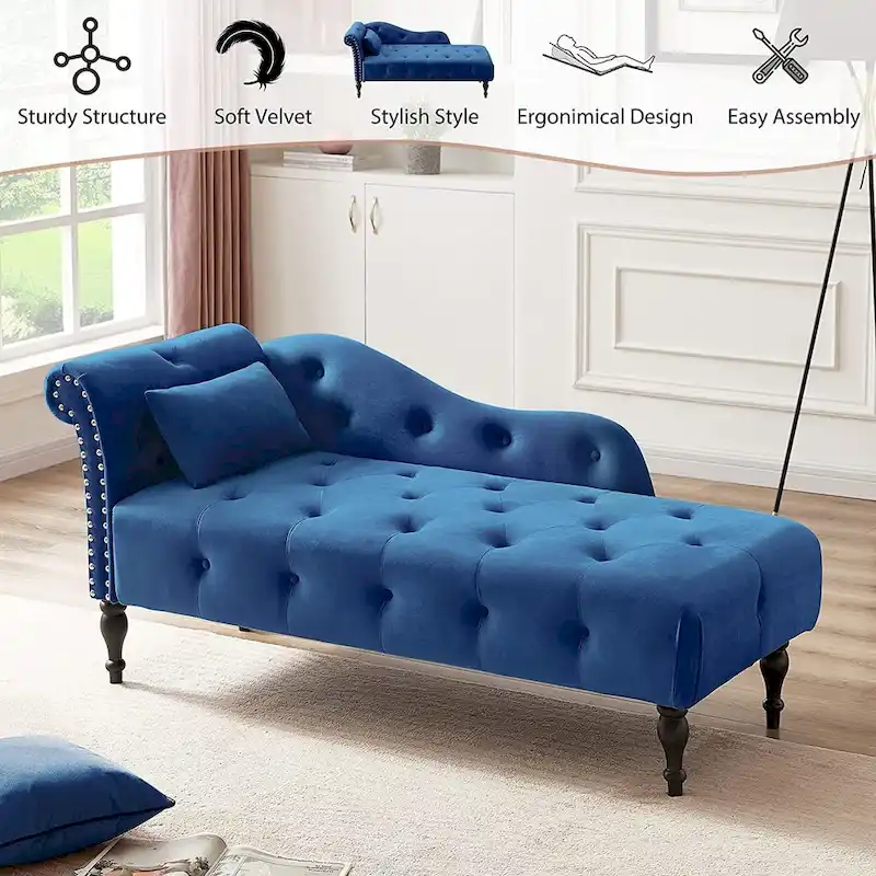 61 Velvet Chaise Lounge Chair with 1 Pillow and Nailhead Trimmed