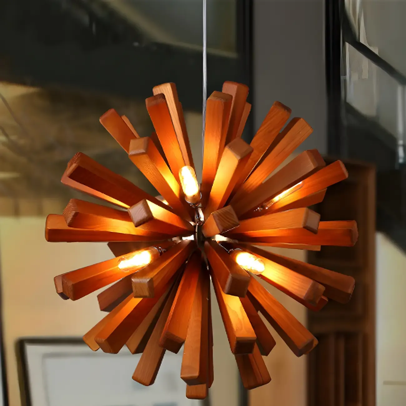 10-Light Modern Dark Wood Round Starburst Chandelier