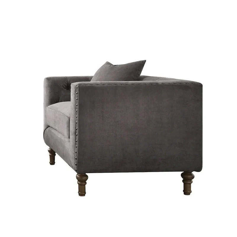 HomeRoots 41 Gray and Antiqued Brass Velvet Tufted Arm Chair And Toss Pillow - 41' X '31' X '34