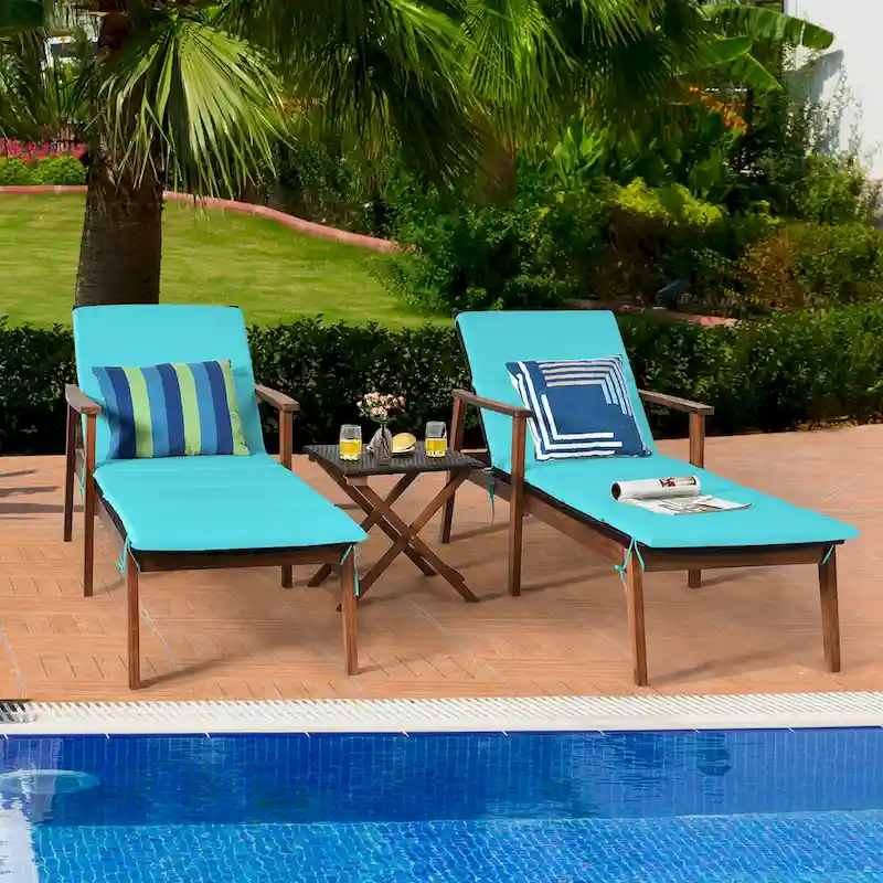 Costway 3PCS Patio Rattan Lounge Chair Folding Table Set Chaise Wood