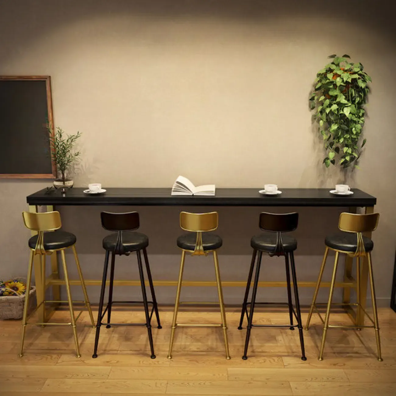 Luxurious Midnight Black Wood Gold Metal Leg Rest Bar Tables