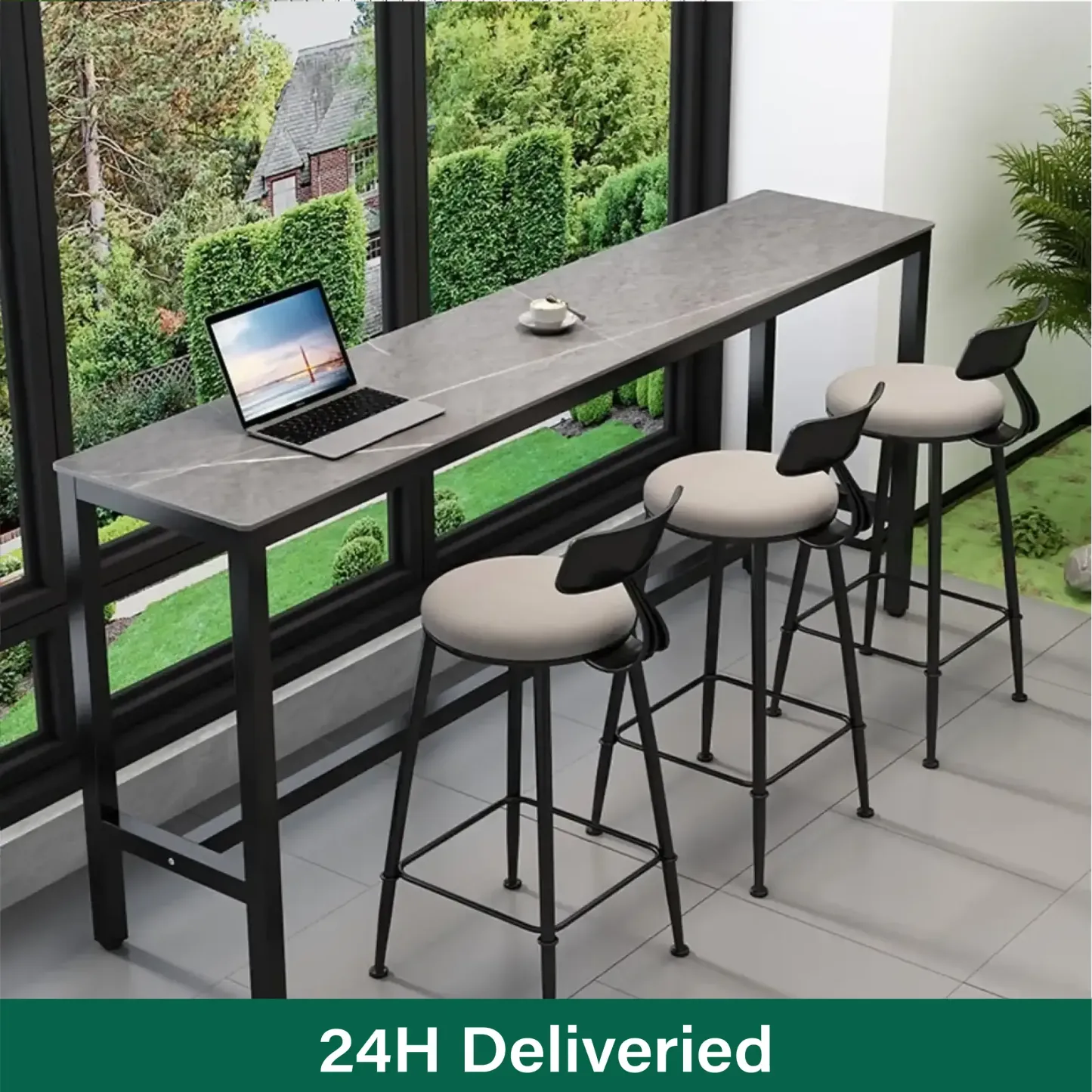 Modern Grey Stone Top Bar Height Table with Trestle Base